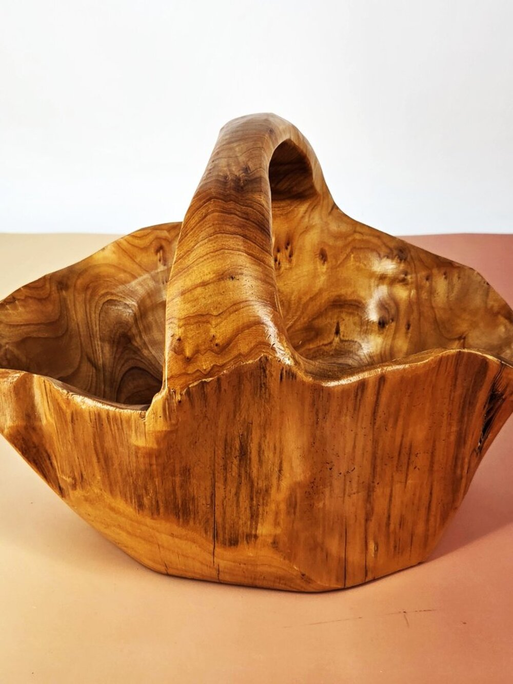 Handmade Burl Wood Carved Basket With Handle 10" Long, 8" Tall, 7.5" Wide, MCM